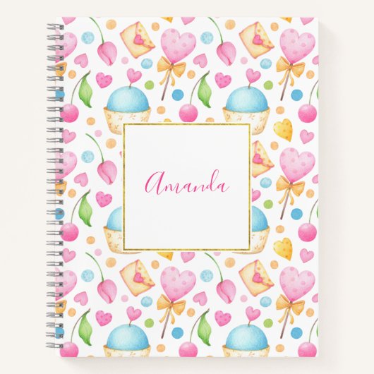 Carnet Motif d'aquarelle douce Coeurs et Cupcakes (Devant)