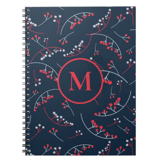 Carnet Motif de baies bleu marine rouge élégant monogramm (Devant)