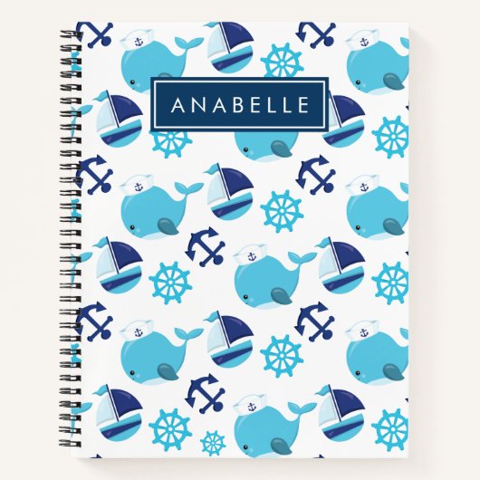 Carnet Motif De Baleines, Baleines Bleues, Votre Nom (Devant)