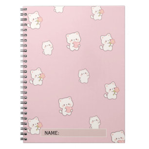 Carnet Motif de chat blanc mignon – Cœurs et fleurs Kawai