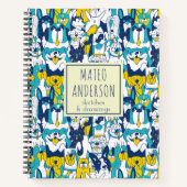 Carnet Motif de chiens jaunes bleus amusants avec nom per (Devant)