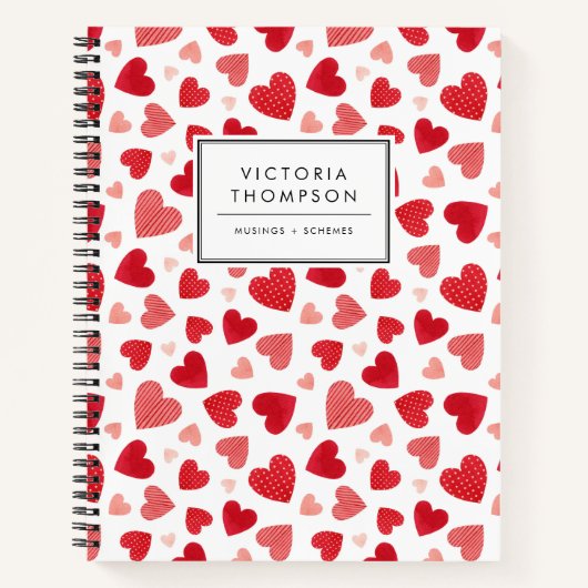Carnet Motif de coeurs en patchwork aquarelle rouge migno (Devant)