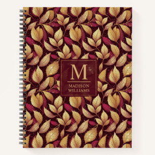 Carnet Motif de feuilles d'automne pailleté or marron rou