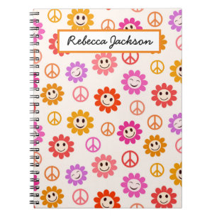 Carnet Motif de fleurs souriantes avec des signes de paix