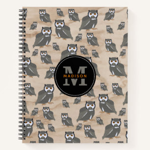 Carnet Motif de hibou & monogramme en bois rustique