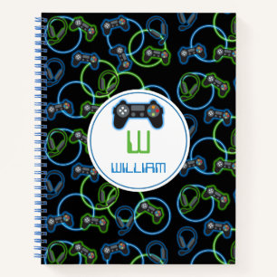 Carnet Motif de monogramme bleu néon et vert de jeu vidéo