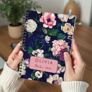 Carnet Motif de monogramme floral rose bleu élégant