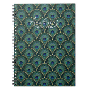 Carnet Motif de plume de paon Art déco en turquoise et or