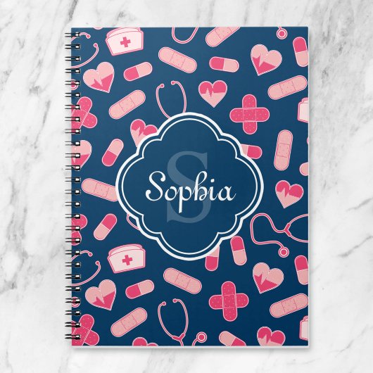 Carnet Motif de soins infirmiers rose et bleu avec Monogr