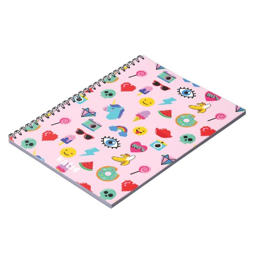 Carnet Motif d'icônes émojis rose mignon des années 80  (Côté gauche)