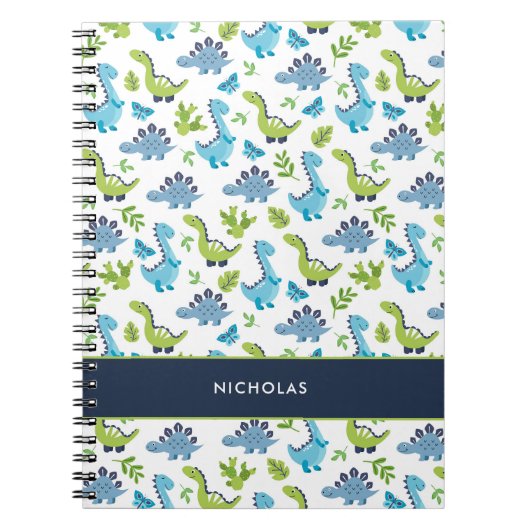 Carnet Motif dinosaure bleu vert avec nom d'enfant (Devant)