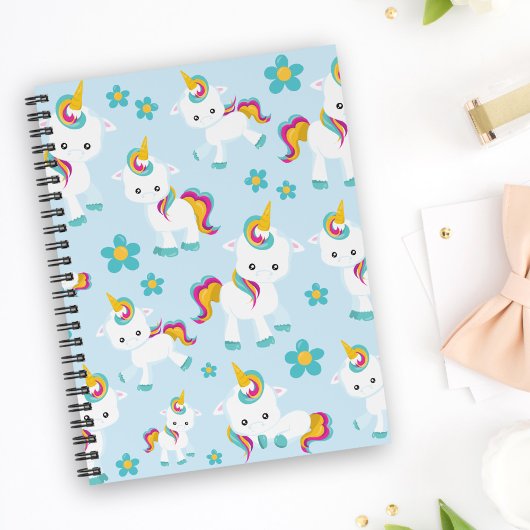 Carnet Motif D'Unicornes, De Mignons Unicornes, Fleurs