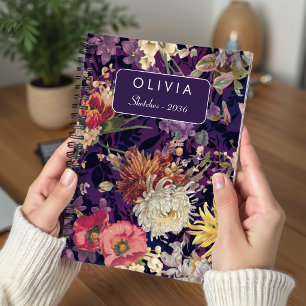 Carnet Motif élégant de fleurs sauvages violettes jaunes