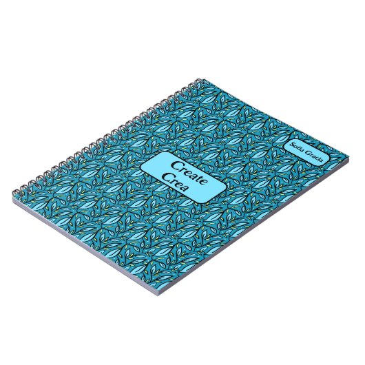 Carnet Motif Feuille bleu Bilingue Créer/Créa & Nom (Côté gauche)