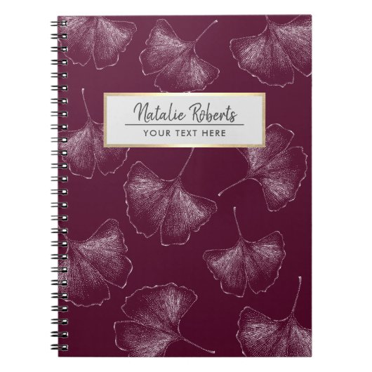 Carnet Motif Feuille Ginkgo Elégant Bourgogne Rouge (Devant)