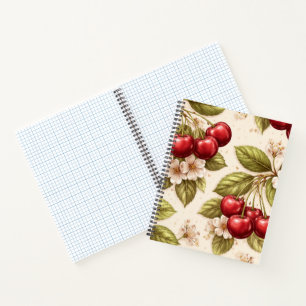 Carnet Motif Fleur de Cerisier Vintage Cerises Rouges