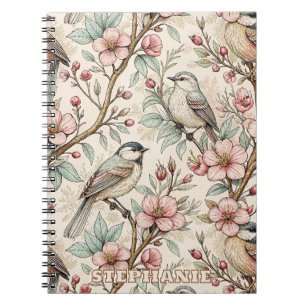 Carnet Motif floral à l'encre noire et oiseau chanteur bo