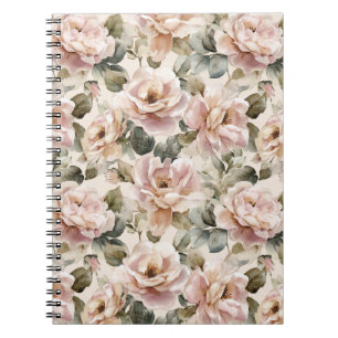 Carnet Motif floral beige rose rose tendre aquarelle