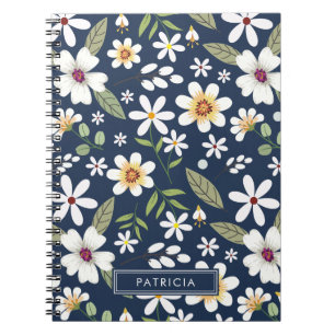 Carnet Motif floral blanc bleu marine Personnalisé
