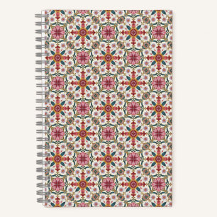 Carnet Motif floral boho en rouge, rose et sarcelle