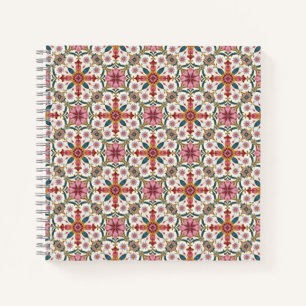 Carnet Motif floral boho en rouge, rose et sarcelle