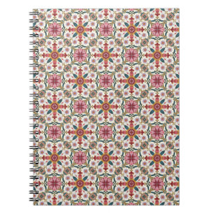 Carnet Motif floral boho en rouge, rose et sarcelle