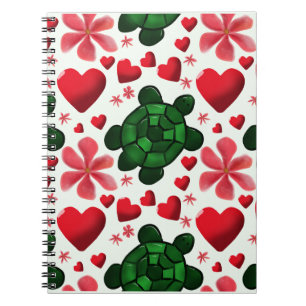 Carnet Motif Floral de Tortue Mignonne Fleurs Rouges Cœ