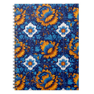Carnet Motif Floral Orné en Carreaux Bleu et Orange
