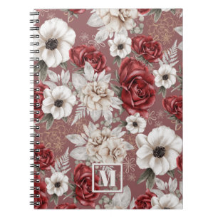Carnet Motif floral rose bordeaux monogrammé