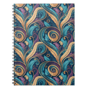 Carnet Motif floral tourbillonnant baroque sarcelle or et