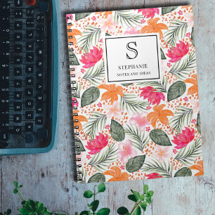 Carnet Motif floral tropical à l'aquarelle monogramme et