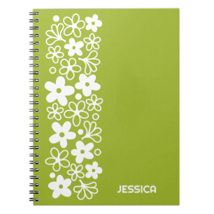 Carnet Motif fou de marguerite en vert printemps avec nom