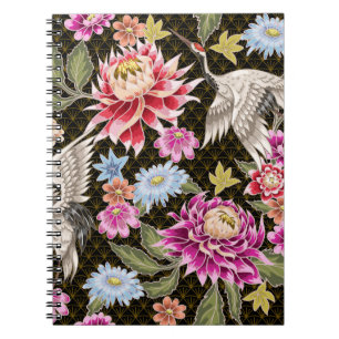 Carnet Motif japonais avec fleurs et grues blanches