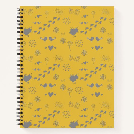 Carnet motif jaune et gris d'oiseaux, de points, de pas, (Devant)