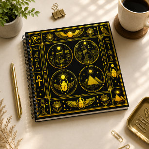 Carnet Motif Luxueux en Or Noir de Symboles Égyptiens Anc