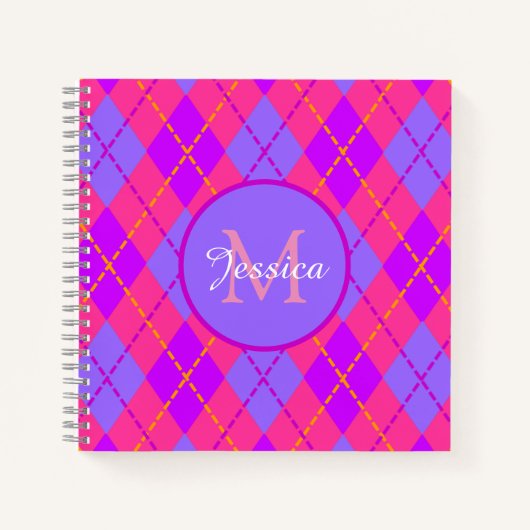Carnet Motif monogramme argyle rose et bleu vif (Devant)