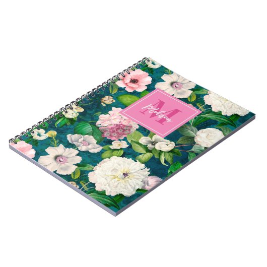 Carnet Motif monogramme vert fleuri et rose (Côté gauche)