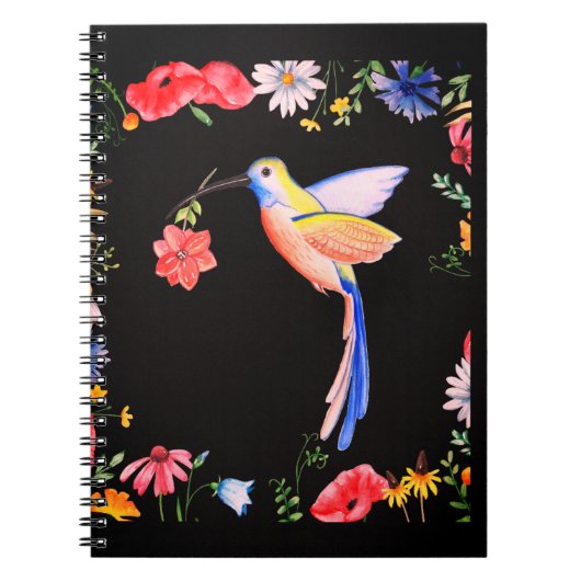 Carnet Motif Oiseau Et Fleurs, Fond De Fleurs, (Devant)