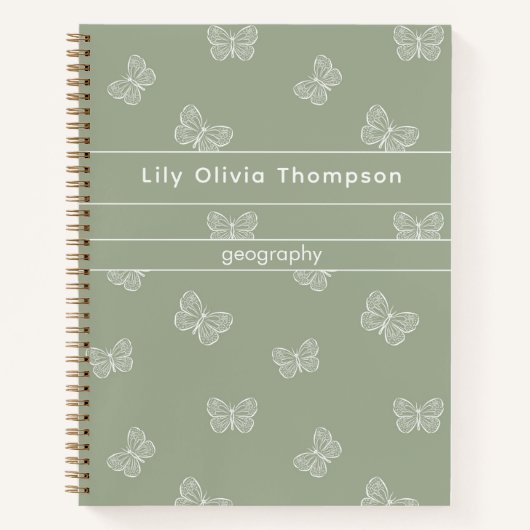 Carnet Motif Papillon Boho Fille de l'École Nom Vert Saug (Devant)