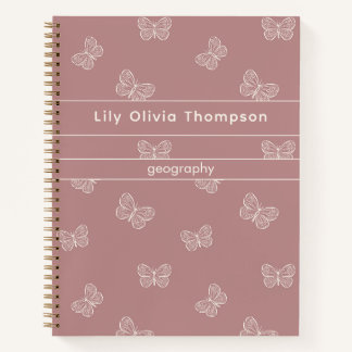 Carnet Motif Papillon Boho Filles de l'école Nom Mauve