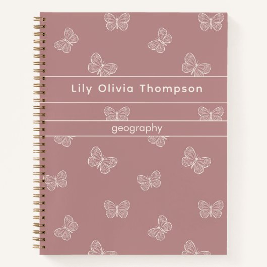 Carnet Motif Papillon Boho Filles de l'école Nom Mauve (Devant)