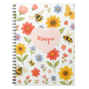 Carnet Motif personnalisable Fleur rose orange et abeille