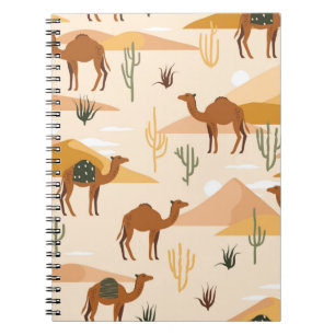 Carnet Motif sans couture avec chameaux, dunes et cactus.