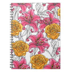 Carnet Motif sans couture avec roses et lys. Main dessiné