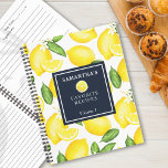 Carnet Motif végétal Citrus Lemon personnalisé<br><div class="desc">Ce design de motif citron et un carré bleu marine sur le devant où vous pouvez le customiser avec votre nom,  le but,  et le volume si vous le souhaitez.</div>