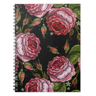 Carnet Motif vintage de broderie de rose rouge
