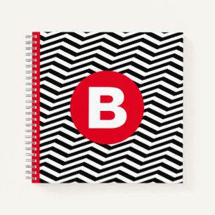 Carnet Motif Zig Zag Noir et Blanc Monogramme Rouge