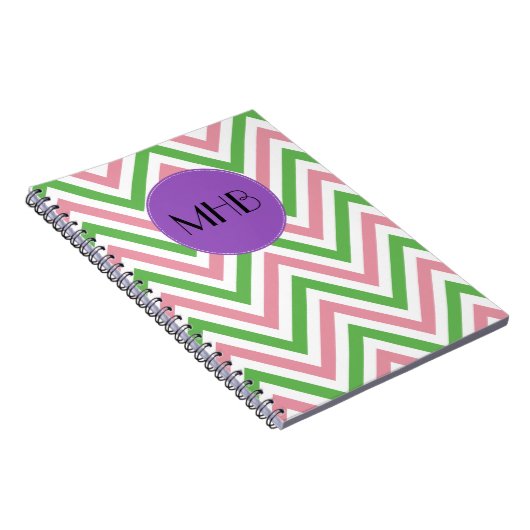 Carnet Motif Zigzag, Chevron, Rose, Vert, Monogramme (Côté Droit)