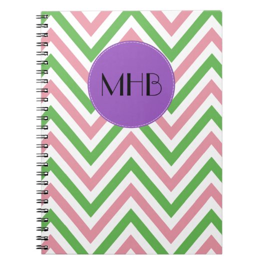 Carnet Motif Zigzag, Chevron, Rose, Vert, Monogramme (Devant)