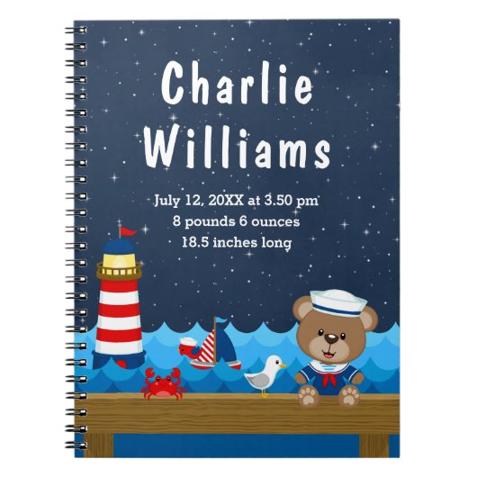 Carnet Nautical Boy Bear Statistiques de naissance de la  (Devant)